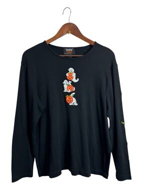 Black Womens Halloween Pumpkin & Ghost Long Sleeve Top XL